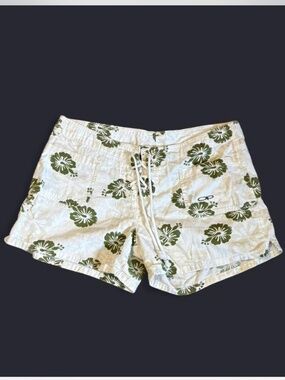 🌴Vintage OP Ocean Pacific Hibiscus Board Shorts // White & Green Lace-Up 00s Su
